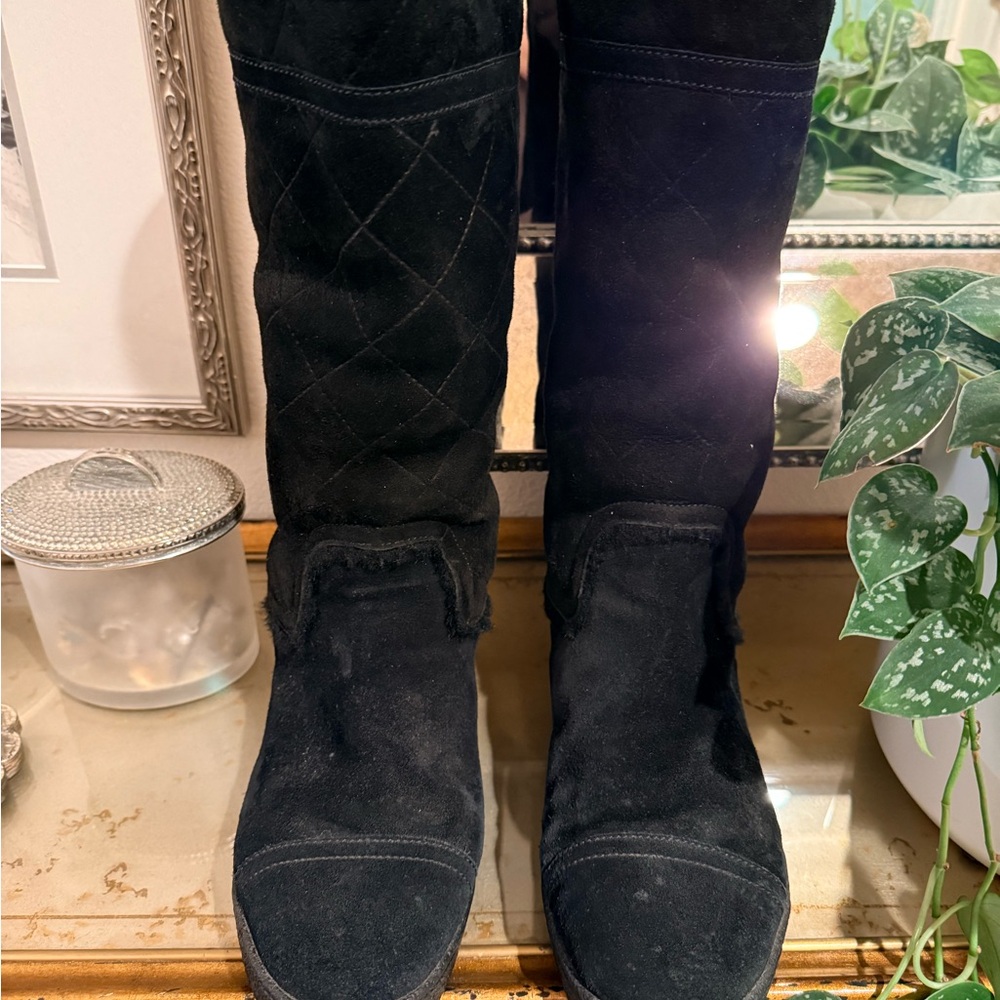 CHANEL Black Suede Mid-Calf CC Logo Boots - Picture 6 of 7